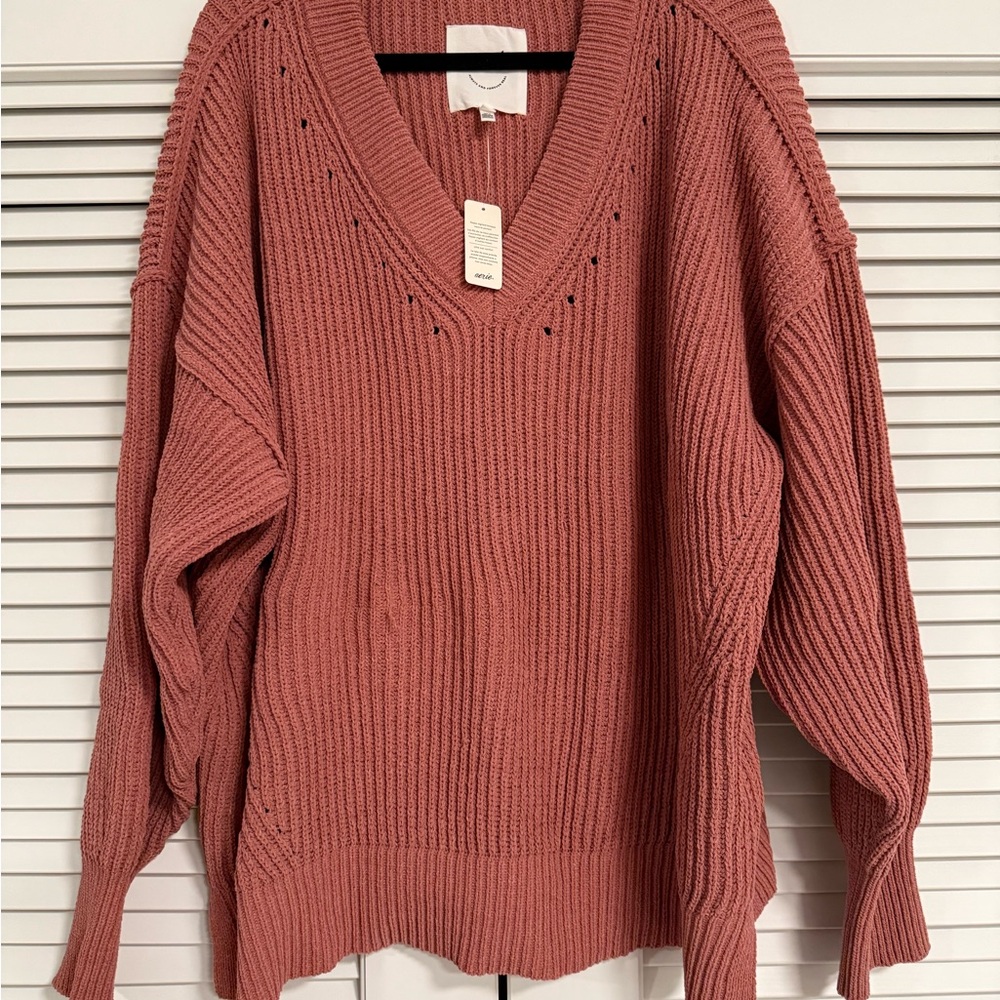 NWT Aerie Pink V-Neck Chunky Knit Sweater